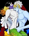  2boys blonde_hair blue_skin character_request demon digimon lowres male male_focus monster multiple_boys myotismon pale_skin piemon smile vamdemon vampire yaoi 