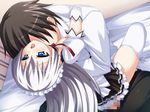 animated animated_gif blue_eyes bouncing_breasts breasts censored clothed_sex daisuki_na_goshujin-sama detached_sleeves gif girl_on_top grey_hair hug leg_lock long_hair maid maid_sex nipples open_clothes open_mouth open_shirt school_uniform sex shirt skirt thighhighs 