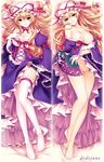  barefoot blonde_hair breasts dakemakura-koubou dakimakura dodojune dress fan folding_fan hat large_breasts legs long_hair long_legs lying multiple_views nipples no_panties on_back open_clothes open_dress purple_eyes pussy thighhighs thighs touhou uncensored yakumo_yukari 