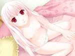  1girl amanatsu bed breasts game_cg ginta indoors long_hair misonogi_sakurako nipples panties pink_hair red_eyes sitting small_breasts solo topless underwear 