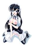  1girl :d black_hair blue_eyes blush breasts breasts_outside female kneeling kugami_annin large_breasts long_hair looking_at_viewer maid maid_headdress nipples open_mouth original pantie panties panty_pull puffy_sleeves simple_background smile solo thighhighs underwear 