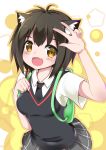  1girl :d absurdres ahoge animal_ear_fluff animal_ears backpack bag black_hair black_neckwear black_skirt black_vest cat_ears catstudioinc_(punepuni) commentary english_commentary eyebrows_visible_through_hair fang green_backpack highres kemonomimi_mode looking_at_viewer necktie open_mouth peni_parker pleated_skirt school_uniform shirt short_hair skirt smile solo spider-man:_into_the_spider-verse spider-man_(series) vest w white_shirt wing_collar yellow_eyes 