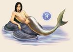  1boy jahi long_hair looking_at_viewer male male_focus mermaid merman monster_boy muhamaru_yuni nude ocean pisces pisces_(symbol) rock rocks scales solo topless water zodiac 