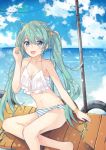  1girl aqua_hair bikini blue_eyes blue_sky boardwalk bracelet breasts cleavage cloud cloudy_sky day feet_out_of_frame frilled_bikini_top hair_ornament hand_in_hair hand_up hatsune_miku highres jewelry light_blush long_hair looking_at_viewer navel ocean open_mouth outdoors sevens_(treefeather) sitting sky small_breasts smile solo striped_bikini_bottom swimsuit twintails very_long_hair vocaloid white_bikini_top 