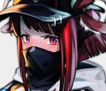 1girl animal_ear_fluff animal_ears bangs baseball_cap black_mask_(clothing) blush close-up commentary covered_mouth danielle_brindle face_mask hat hat_ornament hood hoodie looking_at_viewer mask medium_hair multicolored_hair original portrait red_eyes red_hair solo sweat tagme 