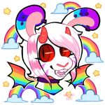 2017 2_horns anthro artist_name choker chotpot dated demon digital_drawing_(artwork) digital_media_(artwork) dipstick_ears ear_markings ear_piercing english_description eyelashes facial_markings fangs female floating_wings fur hair head_markings horn icon jane_(mew) jewelry lagomorph leporid low_res mammal markings membrane_(anatomy) membranous_wings multicolored_body multicolored_ears multicolored_fur necklace open_mouth open_smile outline piercing pink_inner_ear pink_nose pink_stripes pink_tongue purple_choker purple_ear_tips purple_jewelry purple_necklace rabbit rainbow rainbow_body rainbow_fur rainbow_wings red_eyes red_horn red_sclera short_hair smile solo star striped_face stripes teeth tongue unusual_anatomy unusual_wings white_body white_fur white_outline wings