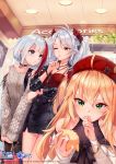  3girls absurdres admiral_graf_spee_(azur_lane) admiral_graf_spee_(daily_peaceful_life)_(azur_lane) admiral_hipper_(azur_lane) ahoge antenna_hair aran_sweater arm_across_waist azur_lane bag bangs beret black_jacket black_skirt blonde_hair blue_eyes blunt_bangs blush bracelet breasts brown_eyes camisole casual choker cross cross_necklace eyebrows_visible_through_hair finger_to_mouth gold green_eyes hair_between_eyes hat headgear highres holding holding_bag hyanna-natsu indoors iron_cross jacket jewelry large_breasts logo long_hair long_sleeves looking_at_another manjuu_(azur_lane) mole mole_under_eye multicolored_hair multiple_girls necklace official_art one_eye_closed open_clothes open_jacket pantyhose parted_lips prinz_eugen_(azur_lane) red_camisole red_hair red_headwear shop short_hair shoulder_bag shoulder_cutout shushing sidelocks silver_hair skirt small_breasts smile streaked_hair stuffed_animal stuffed_toy sweater tareme thighs thinking tsurime two-tone_dress two_side_up very_long_hair watermark 