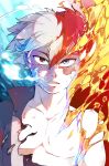  1boy blue_eyes boku_no_hero_academia burn_scar burnt_clothes fire grey_eyes heterochromia highres ice multicolored_hair open_mouth red_hair rtil scar shirt short_hair todoroki_shouto two-tone_hair white_hair 