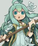  1girl ahoge baum_(last_period) blue_eyes blush_stickers creature dot_nose fairy green_hair grey_background hair_between_eyes holding holding_staff last_period long_hair looking_at_viewer neonraizu open_mouth simple_background solo staff very_long_hair 