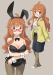  2girls ahoge animal_ears black_leotard black_neckwear black_skirt bow bowtie breasts brown_eyes brown_hair bunny_ears bunnysuit cardigan cleavage cowboy_shot detached_collar dress_shirt dual_persona glasses grey_background grey_legwear highres katahira_masashi kono_bijutsubu_niwa_mondai_ga_aru! large_breasts leotard long_hair looking_at_viewer multiple_girls pantyhose red-framed_eyewear semi-rimless_eyewear shirt short_eyebrows simple_background skirt strapless strapless_leotard tachibana_yumeko thick_eyebrows white_shirt wrist_cuffs yellow_cardigan 