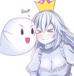  &gt;_&lt; 1girl :d bangs blush boo breasts cheek-to-cheek cleavage closed_eyes collarbone commentary crown dress english_commentary frills hair_between_eyes highres large_breasts long_hair luigi&#039;s_mansion mario_(series) new_super_mario_bros._u_deluxe open_mouth princess_king_boo puffy_short_sleeves puffy_sleeves short_sleeves silver_hair simple_background smile super_crown the_only_shoe upper_body v-shaped_eyebrows white_background white_dress white_skin xt 