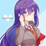  1girl bangs book commentary doki_doki_literature_club english_commentary eyebrows_visible_through_hair eyes_visible_through_hair grey_jacket hair_between_eyes hair_ornament hairclip holding holding_book jacket long_hair long_sleeves looking_at_viewer nan_(gokurou) parted_lips purple_eyes purple_hair school_uniform shirt simple_background solo twitter_username upper_body white_shirt wing_collar yuri_(doki_doki_literature_club) 