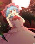  1girl aoi_(annbi) ascot bat_wings commentary fang hands_on_own_face hat hat_ribbon highres lavender_hair mob_cap moon open_mouth red_eyes red_moon red_nails red_neckwear remilia_scarlet ribbon skin_fang skirt skirt_set solo touhou wings 