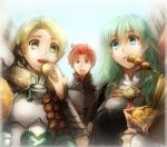  1boy 2girls armor blonde_hair byleth_(fire_emblem) byleth_(fire_emblem)_(female) closed_mouth eating fire_emblem fire_emblem:_three_houses food gensouoekakicho green_eyes green_hair holding holding_food ingrid_brandl_galatea medium_hair multiple_girls open_mouth red_hair short_hair sylvain_jose_gautier twitter_username upper_body 