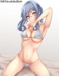  1girl arm_up armpits artist_name bangs bed_sheet bikini blue_bikini blue_eyes blue_hair breasts dated gotland_(kantai_collection) gradient gradient_background hair_between_eyes highres kantai_collection large_breasts long_hair looking_at_viewer mole mole_under_eye navel nuka_(nvkka) seiza sitting smile solo swimsuit twitter_username 