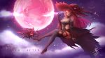  1girl bangs bare_shoulders black_legwear breasts broom broom_riding cleavage fang full_moon glowing glowing_eye hat highres king&#039;s_raid long_hair looking_at_viewer moon open_mouth pink_hair red_eyes red_moon smile solo suiiryu thighhighs witch witch_hat 