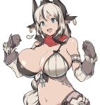  1girl adapted_costume alternate_hair_color animal_ears armband black_hair blue_eyes braid braided_bun breasts brown_gloves cleavage cow_ears cowboy_shot earrings ewokakuman eyebrows_visible_through_hair gloves highres hoop_earrings huge_breasts jewelry leather leather_gloves long_hair midriff mole mole_under_eye multicolored_hair navel open_mouth raging_bull_(ys) silver_hair simple_background smile solo two-tone_hair white_background ys ys_ix_monstrum_nox 