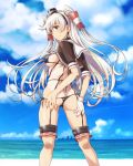  1girl amatsukaze_(destroyer) amatsukaze_(kantai_collection) ass bikini bikini_bottom_pull black_bikini blush breasts cloud commentary_request covered_nipples from_behind gloves hand_on_own_ass kantai_collection long_hair medium_breasts ocean sailor sailor_collar sameha_ikuya side-tie_bikini sky smile smokestack_hair_ornament solo swimsuit swimsuit_tan tan twintails twisted_torso very_long_hair white_gloves white_hair 