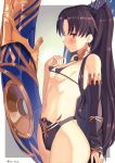  1girl armlet asymmetrical_sleeves bangs bare_shoulders bikini black_bikini black_bow black_hair blush border bow breasts bridal_gauntlets closed_mouth covered_nipples detached_collar detached_sleeves earrings fate/grand_order fate_(series) gradient gradient_background grey_background hair_bow hand_on_own_chest heavenly_boat_maanna highleg highleg_bikini highres hoop_earrings ishtar_(fate/grand_order) jewelry long_hair looking_at_viewer micro_bikini_top navel neck_ring oz_(user_zakk5472) parted_bangs red_eyes single_detached_sleeve small_breasts smile solo swimsuit thighs tiara two_side_up weapon white_border 