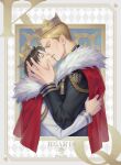  2boys aged_down aiguillette argyle_background black_shirt blonde_hair blue_eyes brown_eyes brown_hair cape cape_grab clothes_grab commentary copyright_name couple crown english_text erwin_smith eye_contact fur-trimmed_cape fur_trim gold_trim hand_on_another's_face heart highres imminent_kiss levi_(shingeki_no_kyojin) long_sleeves looking_at_another male_focus multiple_boys parted_lips profile red_cape rororei_zhu shingeki_no_kyojin shirt short_hair upper_body white_fur white_shirt yaoi 