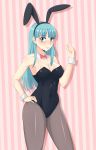  1girl absurdres angel_pena_(angelox) animal_ears aqua_eyes aqua_hair ass_visible_through_thighs bow bowtie breasts bulma bunny_ears bunny_girl bunnysuit buruma cleavage dragon_ball dragon_ball_(classic) hand_on_hip heart highres large_breasts long_hair looking_at_viewer pantyhose red_neckwear sidelocks solo striped striped_background vertical_stripes wrist_cuffs 