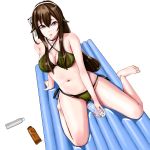  .live 1girl arm_support bare_shoulders barefoot bikini bottle bow breasts brown_eyes brown_hair cameltoe gami_pineapple green_bikini hair_bow hairband highres long_hair lotion medium_breasts navel parted_lips simple_background sitting solo sunscreen swimsuit virtual_youtuber white_background white_bow white_hairband yaezawa_natori 