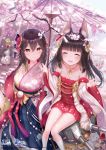  2girls animal_ear_fluff animal_ears azur_lane bangs bare_shoulders black_hair blush braid breasts brown_eyes brown_hair cannon cherry_blossoms closed_eyes commentary_request day dress eyebrows_visible_through_hair fox_ears gloves hair_between_eyes hair_ornament hakama hands_up highres hime_cut holding holding_umbrella horns japanese_clothes jewelry kachayori kimono long_hair long_sleeves looking_at_viewer medium_breasts mikasa_(azur_lane) multiple_girls nagato_(azur_lane) necklace obi official_art open_mouth oriental_umbrella outdoors petals pink_kimono sash side_braid sitting smile strapless strapless_dress thighhighs turret umbrella very_long_hair white_gloves white_legwear 