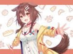  1girl :3 animal_ears armpits bangs bare_shoulders blush bone_hair_ornament breasts brown_eyes brown_hair cleavage collar collarbone dog_ears dog_girl dog_tail dress fangs fukahire_(ruinon) hair_between_eyes hair_ornament hololive inugami_korone jacket large_breasts low_twin_braids off-shoulder_dress off_shoulder open_clothes open_jacket open_mouth outstretched_arms red_collar simple_background sleeveless sleeveless_dress smile solo tail virtual_youtuber white_dress wristband yellow_jacket 