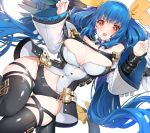  1girl akizone ass_visible_through_thighs bare_shoulders belt black_ribbon blue_hair blush breasts buckle collarbone commentary_request detached_collar detached_sleeves dizzy gasp guilty_gear hair_ribbon highres large_breasts leather long_hair long_sleeves looking_at_viewer lying midriff navel on_back open_mouth pants red_eyes ribbon simple_background skindentation solo stomach tail thigh_gap thighhighs thighs twintails underwear very_long_hair white_background wide_sleeves wings yellow_ribbon 
