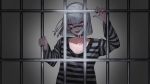  1girl absurdres arm_up bangs black_choker black_nails choker collarbone commentary eyebrows_visible_through_hair facial_mark fingernails glowing glowing_eyes highres kuronoiparoma long_sleeves looking_at_viewer nail_polish open_mouth original prison_cell prison_clothes prisoner red_eyes shirt silver_hair solo striped striped_shirt v-shaped_eyebrows vocaloid 