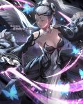  1girl animal bare_shoulders black_bow black_choker black_dress black_gloves blue_butterfly bow breasts bug butterfly choker cleavage collarbone commentary commission dagger detached_sleeves dress dual_wielding earrings eir_(fire_emblem) english_commentary fire_emblem fire_emblem_heroes frilled_sleeves frills gloves grey_eyes grey_hair hair_bow hair_ornament headgear holding holding_dagger holding_weapon insect jewelry long_hair looking_away medium_breasts parted_lips paula_biedma ponytail solo teeth twitter_username very_long_hair weapon white_dress wide_sleeves 