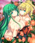  2girls ass back bangs bare_back blonde_hair blue_coat blue_eyes breast_press breasts closed_mouth coat collarbone eyebrows_visible_through_hair flower from_above gem green_hair hair_intakes highres large_breasts long_hair looking_at_viewer looking_back masou_shizuka mechanical_pencil multiple_girls nagi_su_ragarl nude pencil ponytail rance_10 red_coat red_flower smile straight_hair symmetrical_docking take_your_pick very_long_hair wochi 