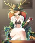  1girl alcohol bad_anatomy bangs black_bra black_skirt blush bra breasts brown_headwear cleavage closed_mouth collarbone commentary_request crossed_legs cup dragon_girl dragon_horns dragon_tail dress_shirt drinking_glass eyebrows_visible_through_hair fedora glass hair_between_eyes hat holding holding_cup horns katana kicchou_yachie long_hair long_sleeves looking_at_viewer medium_hair miniskirt open_clothes open_shirt red_eyes scabbard sheath sheathed shirt short_hair skirt smile solo sunyup sword tail thick_thighs thighs touhou unbuttoned unbuttoned_shirt underwear weapon white_shirt wine wine_glass 