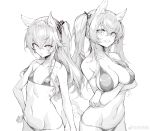  2girls absurdres animal_ears arm_under_breasts bikini breast_hold breasts cat_ears cat_tail cleavage cowboy_shot crossed_arms fang flat_chest girls_frontline greyscale hand_on_hip highres kemonomimi_mode large_breasts long_hair monochrome multiple_girls navel one_side_up scar scar_across_eye shanyao_jiang_tororo simple_background string_bikini swimsuit tail twintails ump45_(girls_frontline) ump9_(girls_frontline) weibo_username white_background 
