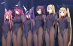  6+girls ahoge bangs black_gloves black_legwear black_leotard black_sclera blazblue blonde_hair blunt_bangs blurry blurry_background brainwashing breasts brown_eyes brown_hair celica_a_mercury commentary_request covered_navel covered_nipples daiaru dark_background elbow_gloves facing_viewer glasses gloves green_eyes hair_between_eyes hair_over_one_eye hair_ribbon hat headgear highleg highleg_leotard impossible_clothes impossible_leotard indoors kokonoe konoe_a_mercury large_breasts leotard long_hair medium_breasts mikado_(blazblue) multiple_girls noel_vermillion pink_hair ponytail rachel_alucard red_eyes red_hair ribbon salute shadaloo_dolls skin_tight small_breasts standing stasis_tank twintails witch_hat yellow_eyes 