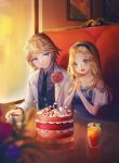  1boy 1girl alternate_costume bare_shoulders birthday_cake blonde_hair blue_eyes cake chibi_vanille commentary corsage couple debonair_ezreal english_commentary ezreal flower food hairband hands_together happy hetero highres league_of_legends long_hair luxanna_crownguard necktie open_mouth orange_juice rose tagme tea 