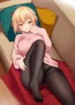  1girl ahoge alternate_costume bangs black_legwear black_panties blonde_hair blush bow breasts closed_mouth couch fate/grand_order fate_(series) feet half_updo highres iriehana knee_up koha-ace legs long_sleeves looking_at_viewer lying no_shoes okita_souji_(fate) okita_souji_(fate)_(all) on_back panties panties_under_pantyhose pantyhose pillow pink_sweater red_bow ribbed_sweater smile solo sweater thighs underwear yellow_eyes 