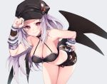  1girl bare_shoulders bat_wings black_headwear black_miniskirt breasts grey_hair hand_on_headwear hat highres himegi_you large_breasts leaning_forward long_hair looking_at_viewer miniskirt navel original red_eyes skirt very_long_hair wings 