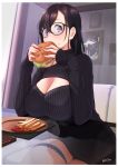  1girl artist_name asymmetrical_bangs bangs black-framed_eyewear black_hair black_sweater breast_rest breasts cleavage cleavage_cutout dress eating food food_on_face french_fries glasses hair_between_eyes hamburger highres large_breasts long_hair long_sleeves looking_at_viewer nanahime original plate purple_eyes signature sitting solo striped sweater sweater_dress thigh_strap thighs vertical_stripes 