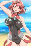  1girl arm_up bangs bare_shoulders beach black_swimsuit breasts cloud competition_swimsuit covered_navel day earrings eyebrows_visible_through_hair gem hair_ornament headpiece hiroyama_(hpzg5374) homura_(xenoblade_2) jewelry large_breasts looking_at_viewer ocean one-piece_swimsuit open_mouth pose red_eyes red_hair sand short_hair skindentation sky smile swept_bangs swimsuit tiara water xenoblade_(series) xenoblade_2 