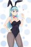  1girl absurdres angel_pena_(angelox) animal_ears aqua_eyes aqua_hair ass_visible_through_thighs bow bowtie breasts bulma bunny_ears bunny_girl bunnysuit buruma cleavage commentary dragon_ball dragon_ball_(classic) hand_on_hip heart highres large_breasts long_hair looking_at_viewer pantyhose polka_dot polka_dot_background red_neckwear sidelocks solo wrist_cuffs 