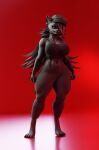 3d_(artwork) abs absurd_res anthro barefoot big_breasts black_hair blender_(artwork) bottomwear breasts bysamzan canid canid_demon canine clothing crop_top demon denim denim_bottomwear denim_clothing digital_media_(artwork) ear_piercing eyebrow_piercing facial_piercing feet female full-length_portrait fur grey_body grey_bottomwear grey_clothing grey_fur grey_jeans grey_pants hair hair_over_eye hat headgear headwear hellhound hi_res jeans lip_piercing long_hair mammal midriff mythological_canine mythological_creature mythology navel nose_piercing pants piercing portrait red_background red_eyes red_sclera shirt simple_background smile solo standing tank_top thick_thighs topwear