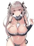  1girl absurdres alternate_costume azur_lane bikini breasts cleavage earrings eyebrows_visible_through_hair formidable_(azur_lane) frills grey_hair hair_between_eyes highres jewelry large_breasts long_hair musicatopos navel red_eyes ribbon rigging simple_background solo swimsuit twintails two-tone_ribbon very_long_hair white_background 