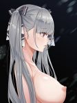  1girl absurdres azur_lane bangs blush breasts eyebrows_visible_through_hair formidable_(azur_lane) from_side grey_hair hank_(gogaek) highres large_breasts long_hair looking_afar nipples nude red_eyes ribbon solo twintails two-tone_ribbon upper_body very_long_hair 