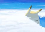  above_clouds absurdres bigglyboof blue_sky cloud commentary from_behind gen_1_pokemon gigantamax_pikachu highres no_humans pikachu pokemon pokemon_(creature) pokemon_(game) pokemon_swsh sky 