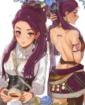  1girl absurdres ass back backless_outfit blush braid breasts brown_eyes commentary dark_skin facial_mark fire_emblem fire_emblem:_three_houses garreg_mach_monastery_uniform highres long_hair looking_at_viewer medium_breasts multiple_braids multiple_views ormille petra_macneary ponytail purple_hair school_uniform skirt smile tattoo tea tribal uniform 