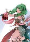  1girl armlet closed_mouth dancer dress fire_emblem fire_emblem:_three_houses flayn_(fire_emblem) from_side green_eyes green_hair hair_ornament long_hair looking_to_the_side misu_kasumi simple_background smile solo white_background 