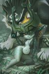  1girl arm_support blue_eyes broken broken_chain chain claws earrings fang grass hand_on_another&#039;s_face imp jewelry link_(wolf) looking_at_viewer midna miles-df monster_girl navel one_eye_covered pointy_ears sitting smile stomach the_legend_of_zelda the_legend_of_zelda:_twilight_princess two-tone_skin yellow_eyes 