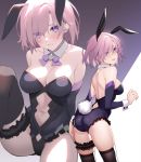  1girl adapted_costume ass back bare_shoulders black_hair black_legwear black_leotard blush breasts bunny_girl bunny_tail bunnysuit cleavage collarbone detached_collar fate/grand_order fate_(series) garters hair_over_one_eye highleg highleg_leotard highres knee_up large_breasts lavender_hair leg_garter leotard looking_at_viewer looking_back mash_kyrielight multiple_views navel navel_cutout parted_lips purple_eyes short_hair siino sitting strapless strapless_leotard tail thighhighs thighs wrist_cuffs 