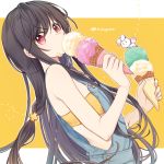  1girl arms_up bandeau bare_arms black_hair bra breasts bunny chinese_commentary commentary_request covered_mouth denim double_scoop dutch_angle expressionless food food_on_face from_side holding holding_food ice_cream ice_cream_cone ice_cream_on_face jiyuu_(xjuyux) long_hair looking_at_viewer low-tied_long_hair original overalls red_eyes simple_background small_breasts standing twitter_username underwear upper_body very_long_hair waffle_cone yellow_background yellow_bra |_| 